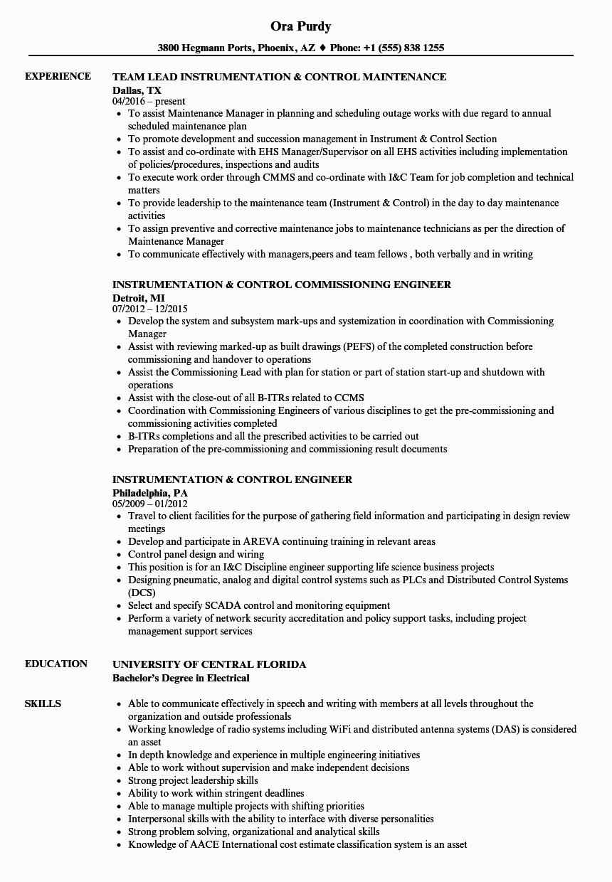 Instrumentation and Control Technician Resume Sample Controls Engineer Cv Example July 2020