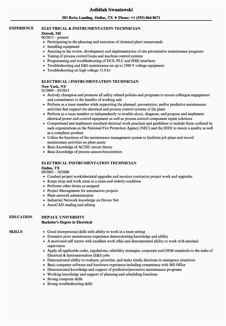 Instrumentation and Control Technician Resume Sample Electrical & Instrumentation Technician Resume Samples