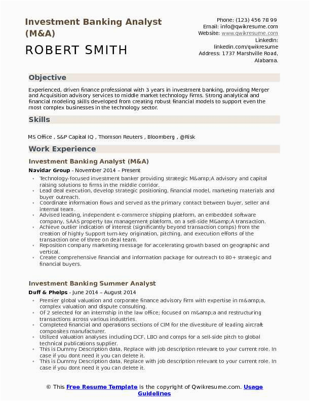 Investment Banking Business Analyst Sample Resume Investment Banking Analyst Resume Samples