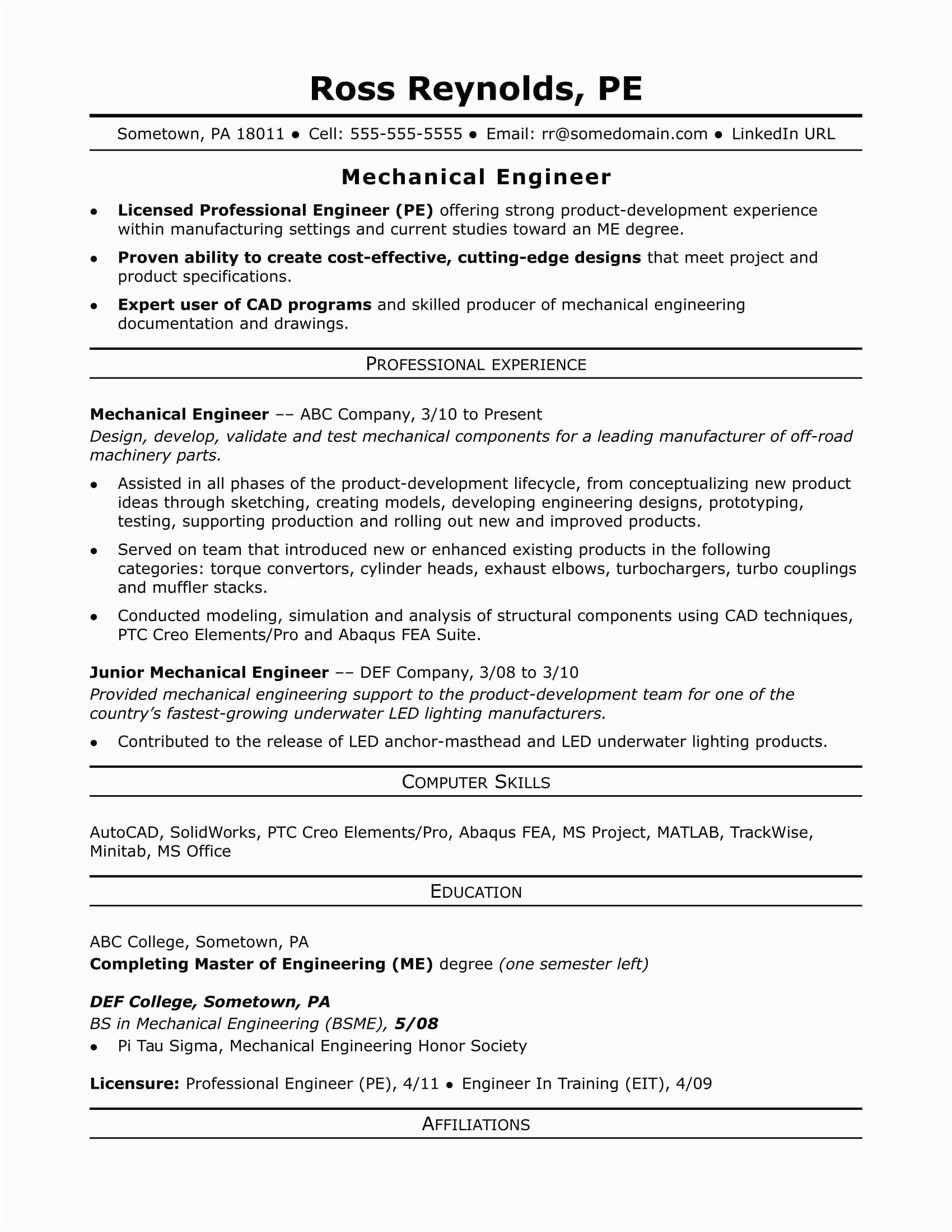 Professional Summary Resume Sample for Mechanical Engineer Sample Resume for A Midlevel Mechanical Engineer