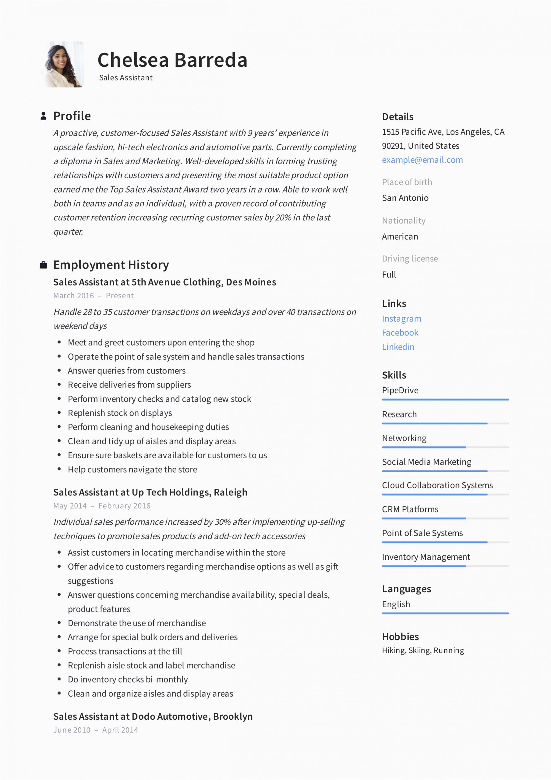 Profile Summary Sample for Sales Resume Resume for Sales assistant