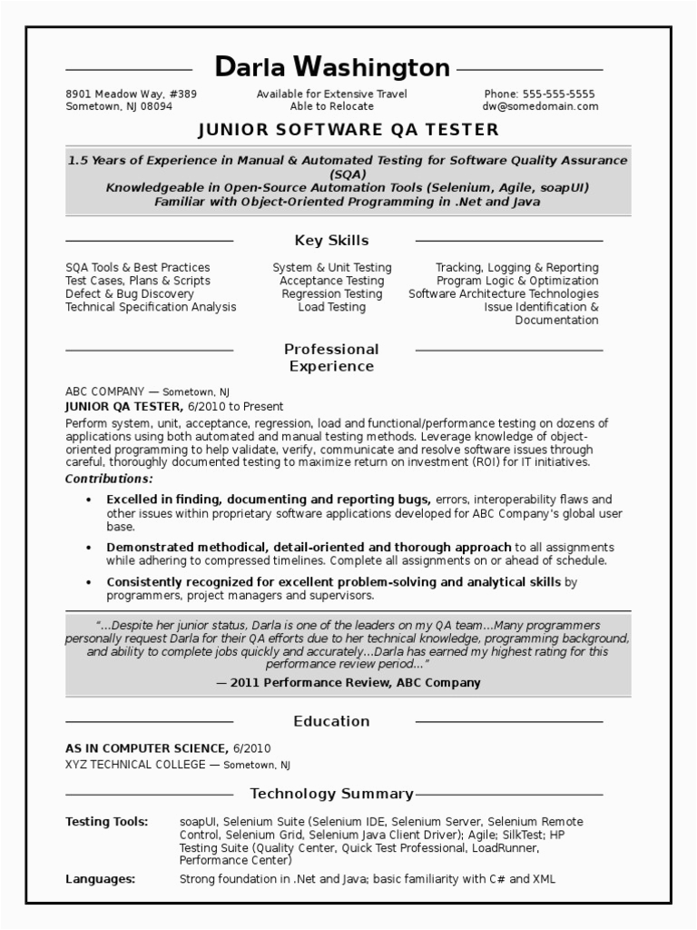 Qtp Sample Resume for software Testers Sample Resume Qa software Tester Entry Level
