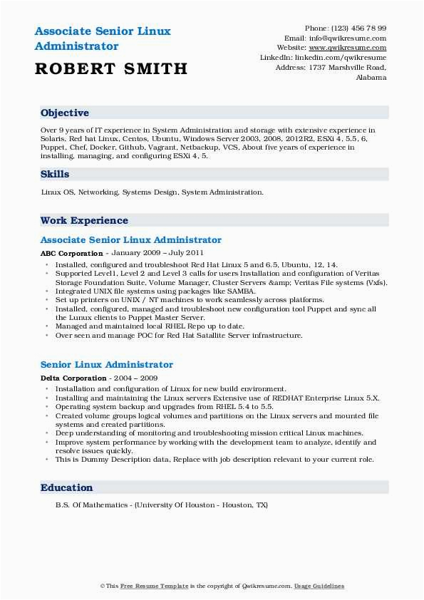 Red Hat Linux Administrator Sample Resume Senior Linux Administrator Resume Samples