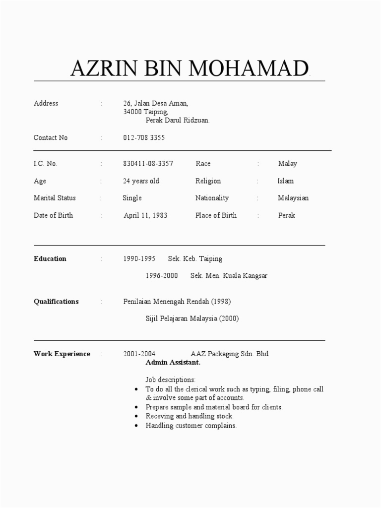 Resume Sample for Job after Spm Resume Sample Spm