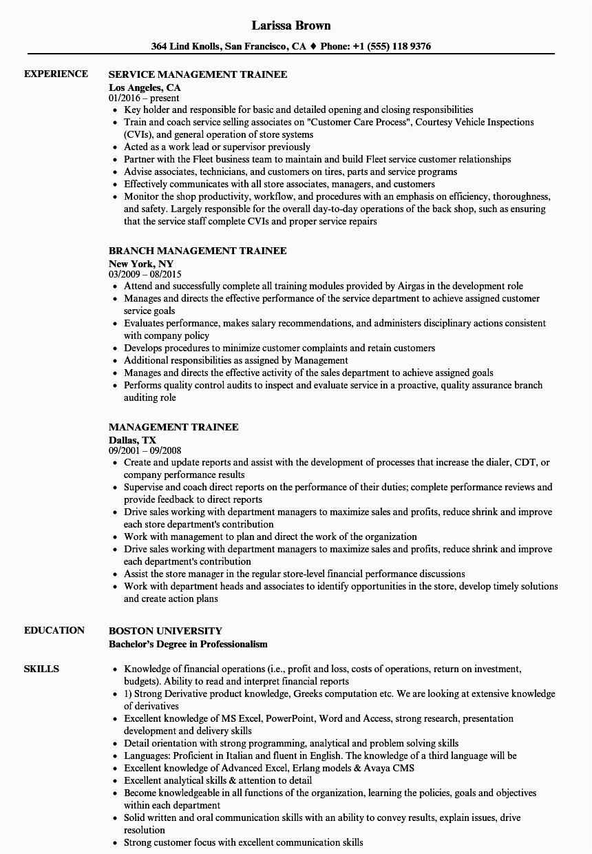 Resume Sample for Management Trainee Position Management Trainee Resume Samples