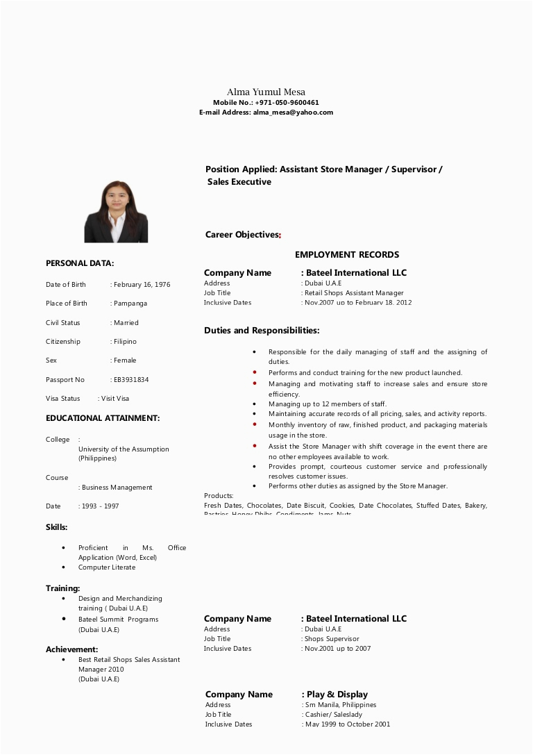 Resume Sample for Sales Lady without Experience Alma Mesa Cv