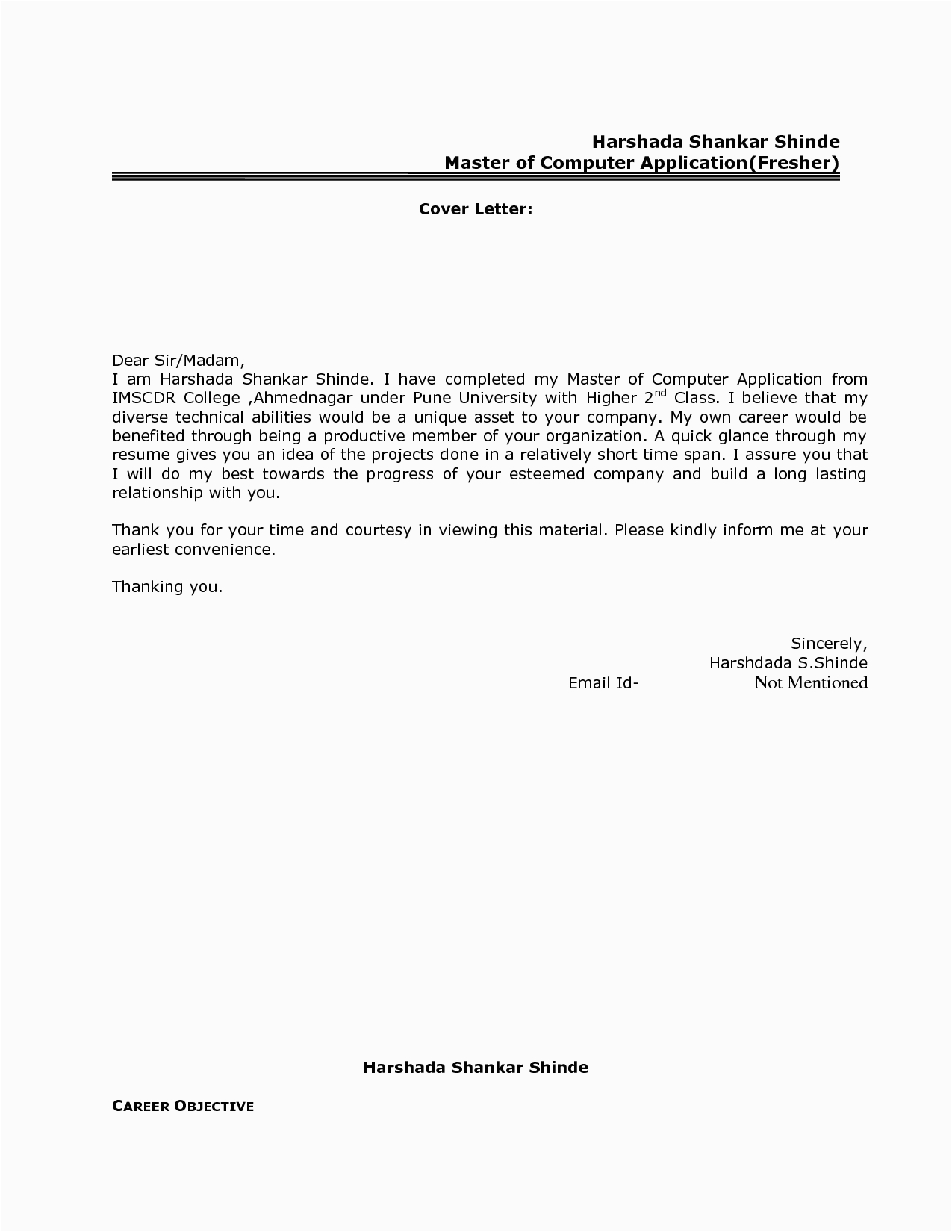 Sample Email to Send Resume for Job Fresher Best Resume Cover Letter format for Freshers Govt Jobcover