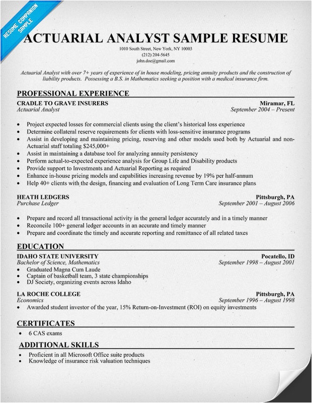 Sample Entry Level Actuarial Science Resume Actuarial Analyst Resume Sample