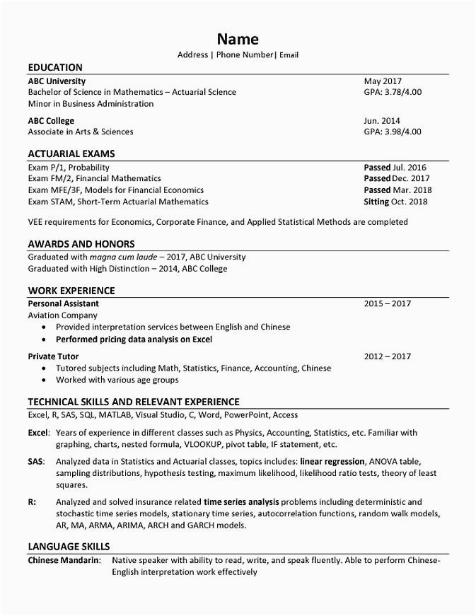 Sample Entry Level Actuarial Science Resume Resume Critique for Entry Level or Internship Actuary