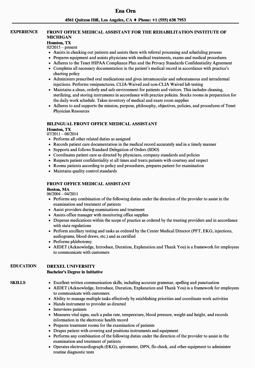 Sample Of Medical Office assistant Resume Front Fice Medical assistant Resume Samples
