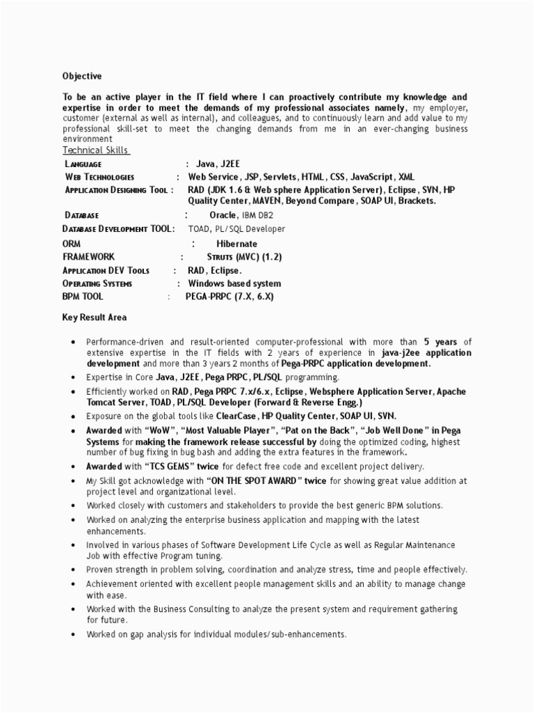 Sample Pega Developer Resume Filetype Doc Pega Sample Resumes software Development