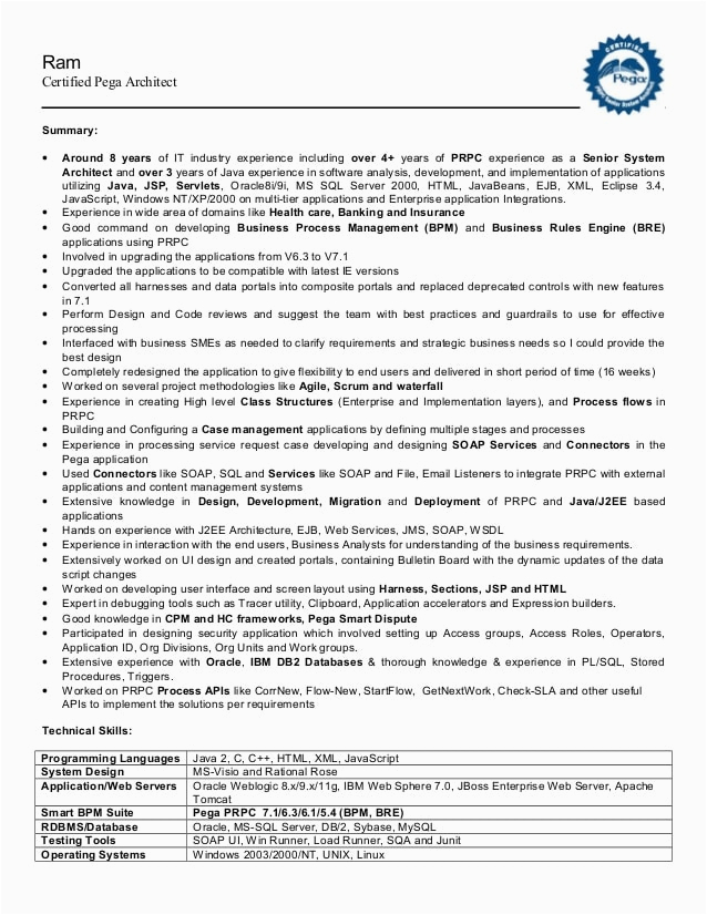 Sample Pega Developer Resume Filetype Doc Ram Pega Cssa Resume