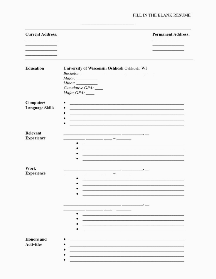 Sample Resume Fill In the Blank Fill In Blank Resume form