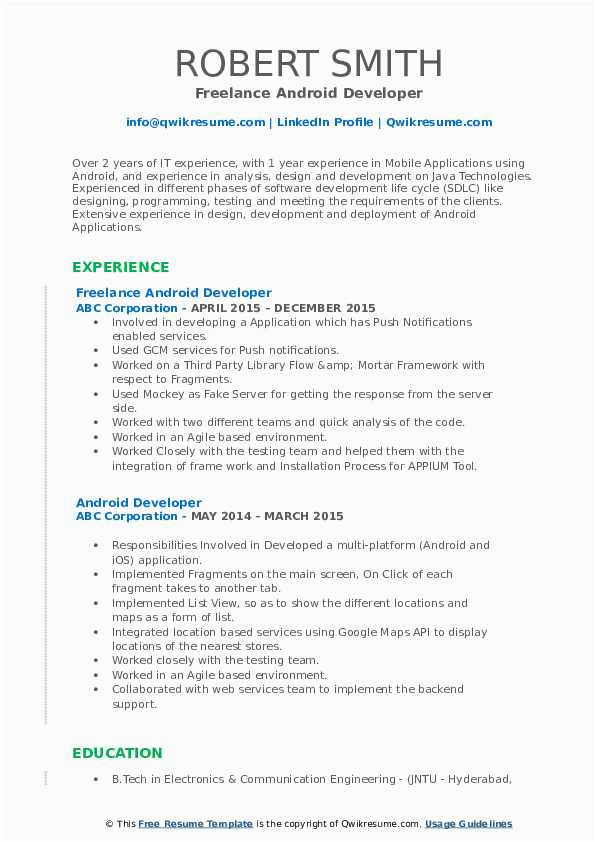 Sample Resume for 1 Year Experienced android Developer android Developer Resume Samples
