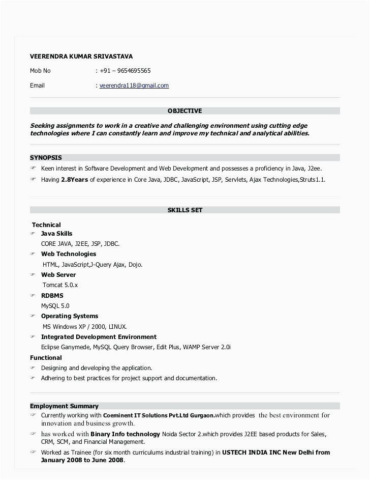 Sample Resume for 1 Year Experienced Java Developer Resume format for 6 Months Experience In Java Resume