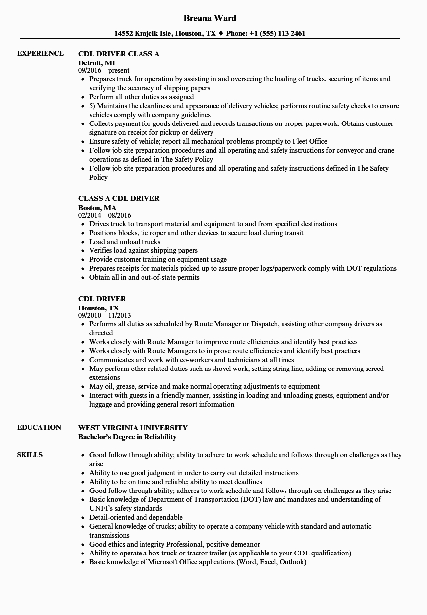 Sample Resume for Cdl Class A Driver Cdl Driver Resume Samples