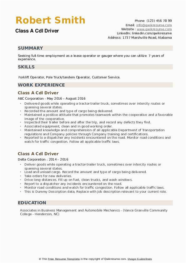 Sample Resume for Cdl Class A Driver Class A Cdl Driver Resume Samples