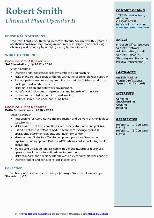 Sample Resume for Chemical Plant Operator Chemical Plant Operator Resume Samples