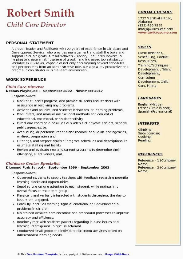 Sample Resume for Child Care assistant with No Experience Child Care Experience Resume Fresh Child Care Director