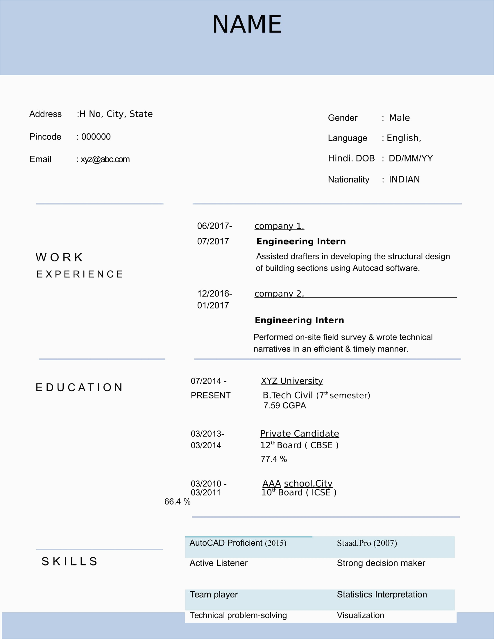 Sample Resume for Civil Engineer Fresher Resume Templates for Civil Engineer Freshers Download Free