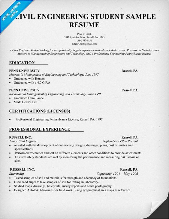 Sample Resume for Civil Engineering Student Civil Engineering Student Resume 550 topresume