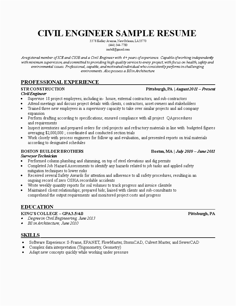 Sample Resume for Civil Engineering Student Civil Engineering Student Resume Template