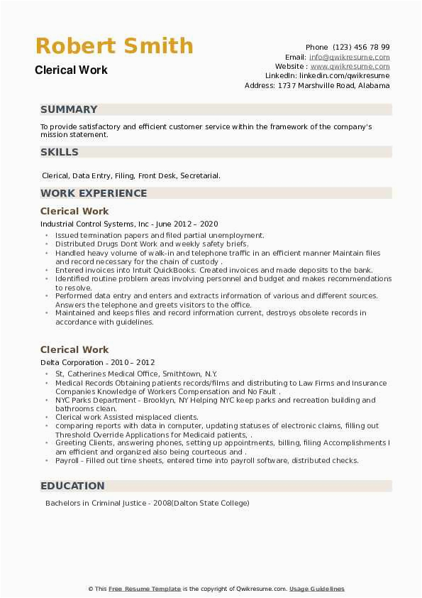 Sample Resume for Clerical Office Work Clerical Work Resume Samples
