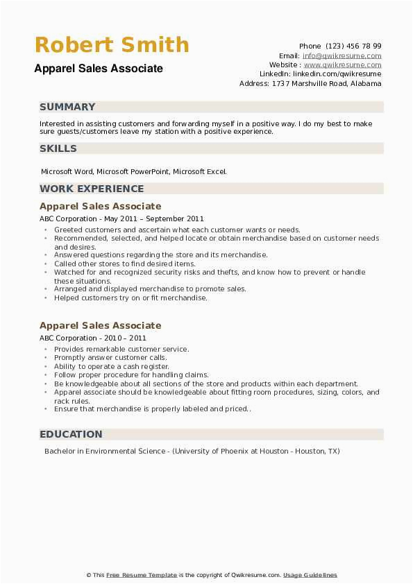 Sample Resume for Clothing Retail Sales associate Apparel Sales associate Resume Samples
