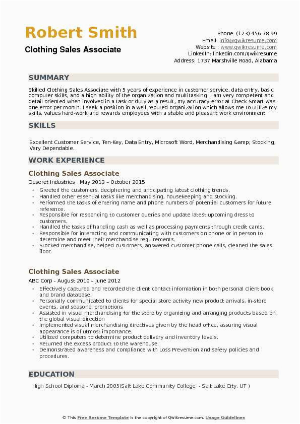 Sample Resume for Clothing Retail Sales associate Clothing Sales associate Resume Samples