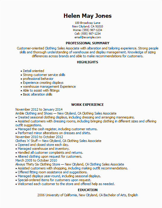 Sample Resume for Clothing Store Sales associate Resumes for Retail Stores