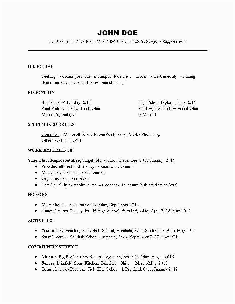 Sample Resume for College Student Looking for Part Time Job Part Time Student Job Resume format