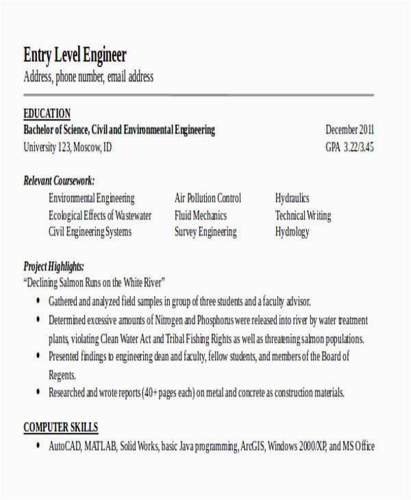 Sample Resume for Entry Level Civil Engineer 25 Generic Engineering Resume Templates