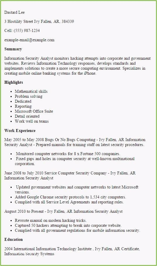 Sample Resume for Entry Level Cyber Security Cyber Security Resume Example Free Resume Templates