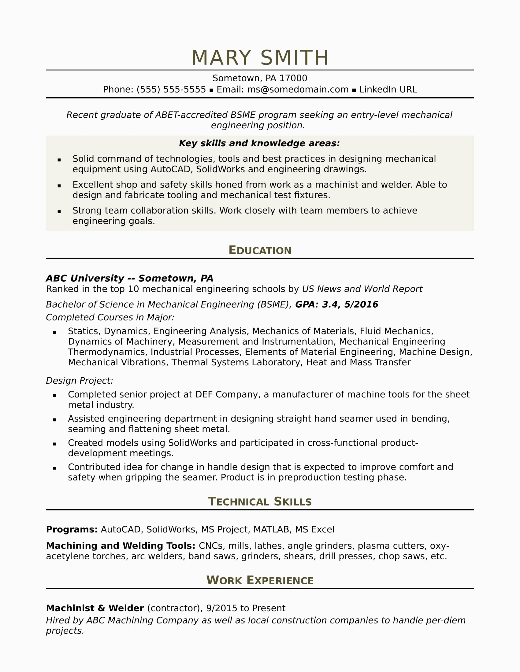 Sample Resume for Entry Level Mechanical Engineer Sample Resume for An Entry Level Mechanical Engineer