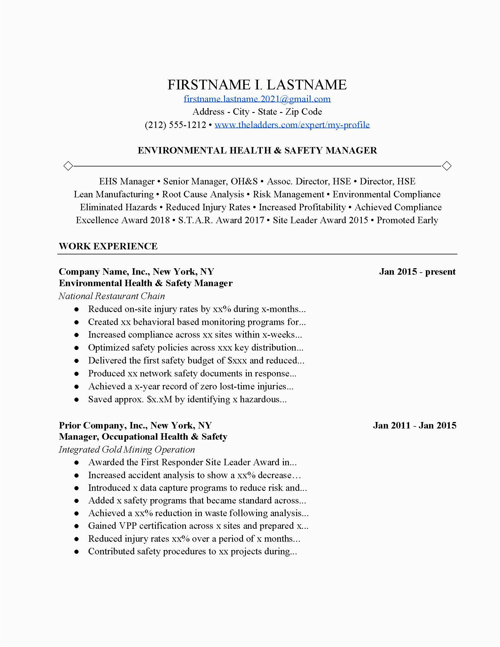 Sample Resume for Environmental Health and Safety Environmental Health and Safety Manager Resume Example Free