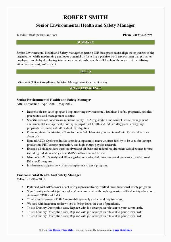Sample Resume for Environmental Health and Safety Environmental Health and Safety Manager Resume Samples
