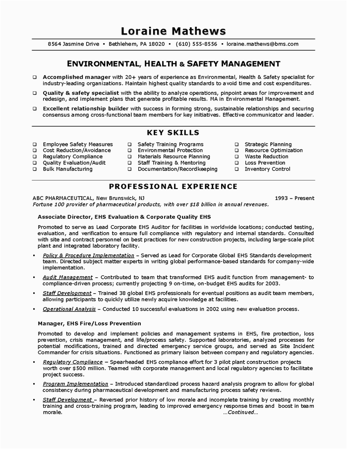 Sample Resume for Environmental Health and Safety Environmental Health Safety Sample Resume
