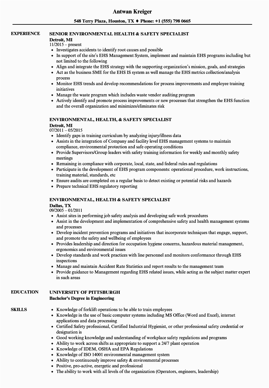 Sample Resume for Environmental Health and Safety Environmental Health & Safety Specialist Resume Samples