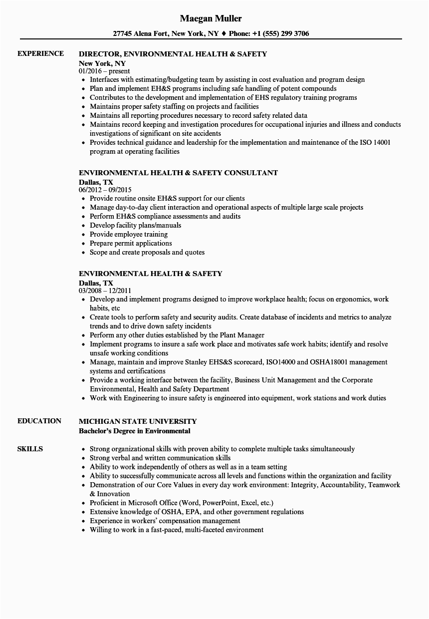 Sample Resume for Environmental Health and Safety Environmental Services Coordinator Cv February 2021