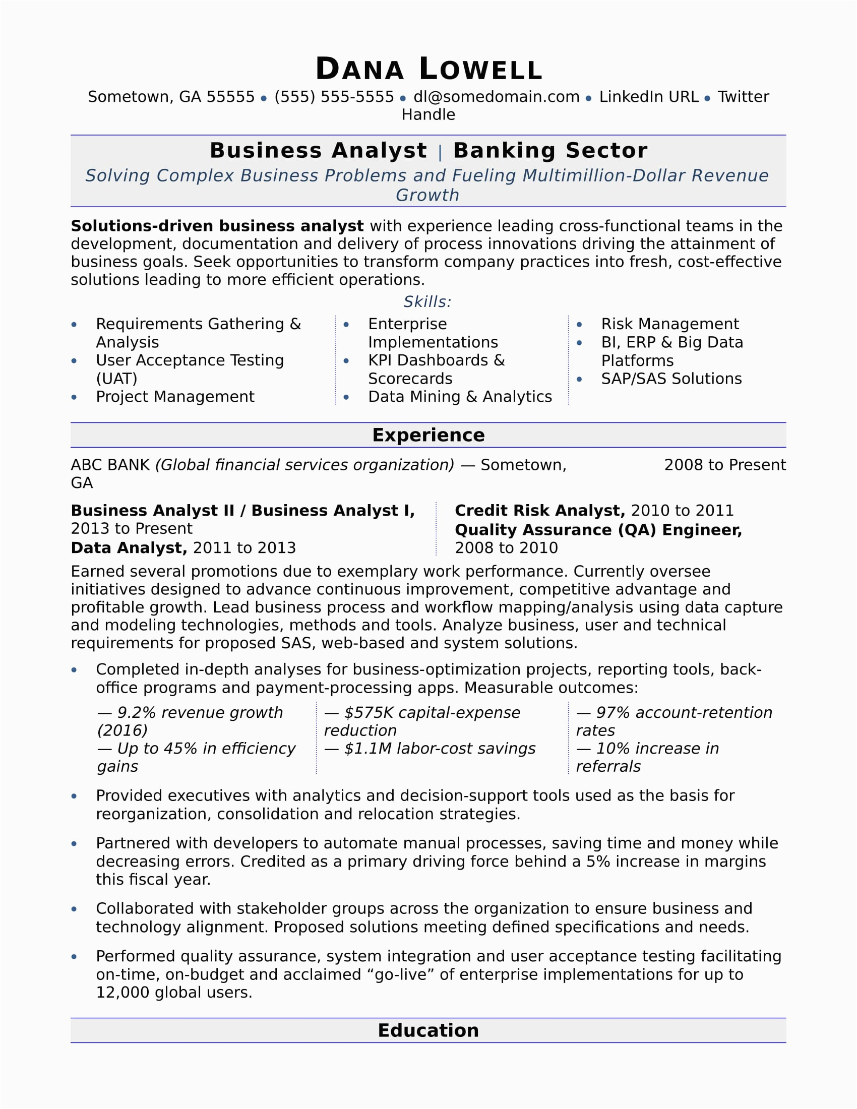 Sample Resume for Experienced Business Analyst Business Analyst Resume Sample