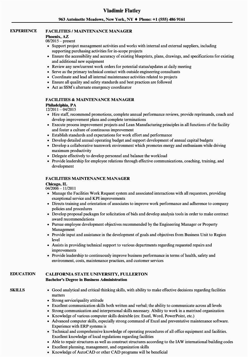 Sample Resume for Facility Maintenance Manager Facilities Maintenance Manager Resume Samples