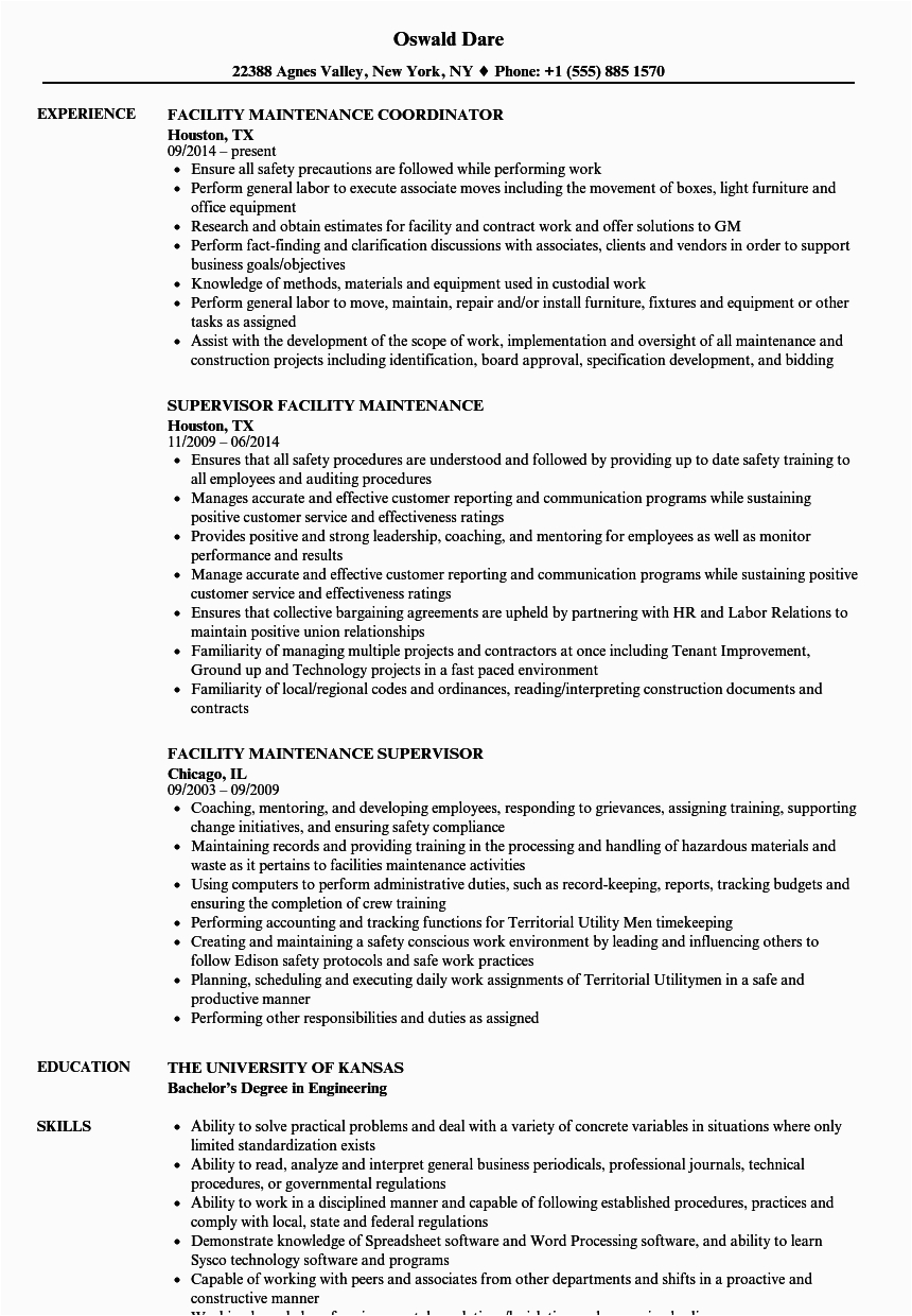 Sample Resume for Facility Maintenance Manager Facility Maintenance Resume Samples