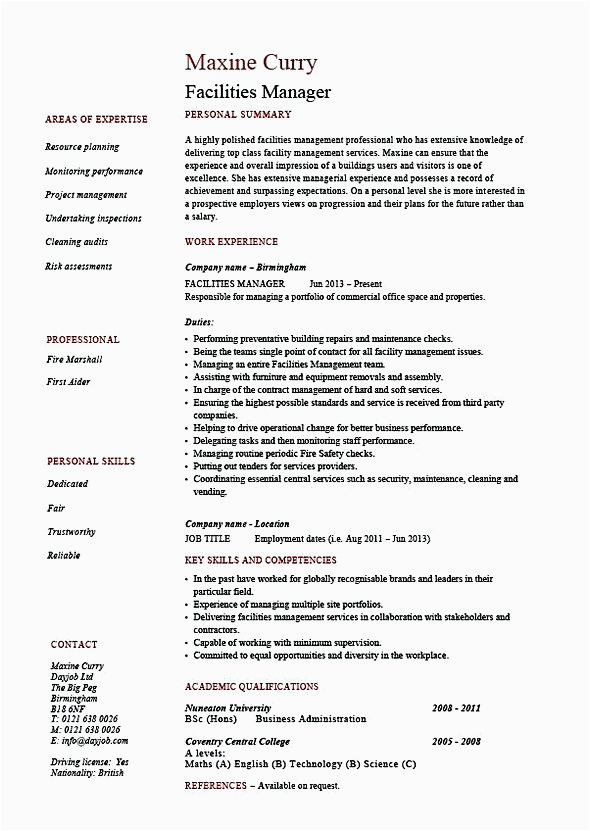 Sample Resume for Facility Manager In India Facility Manager Resume