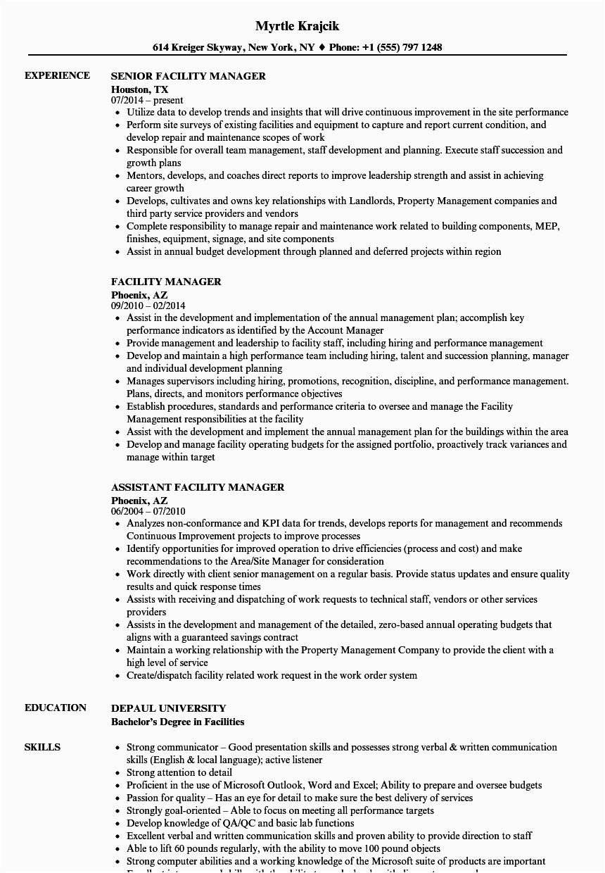 Sample Resume for Facility Manager In India Resume for Facility Manager Mryn ism