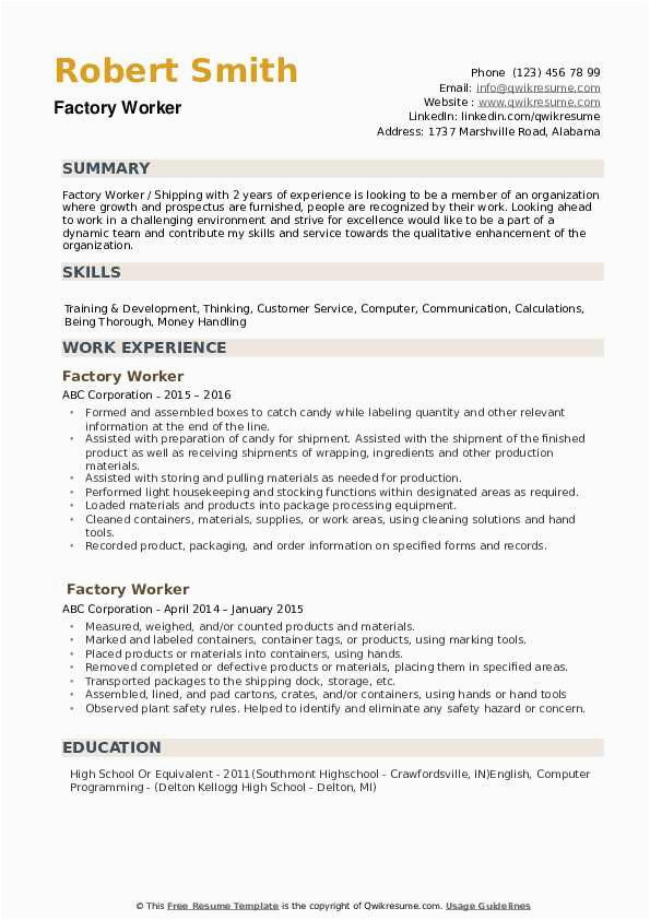 Sample Resume for Factory Worker Philippines Factory Worker Resume Samples