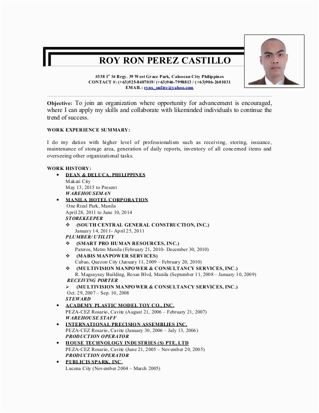 Sample Resume for Factory Worker Philippines Roy Resume 2015aug101
