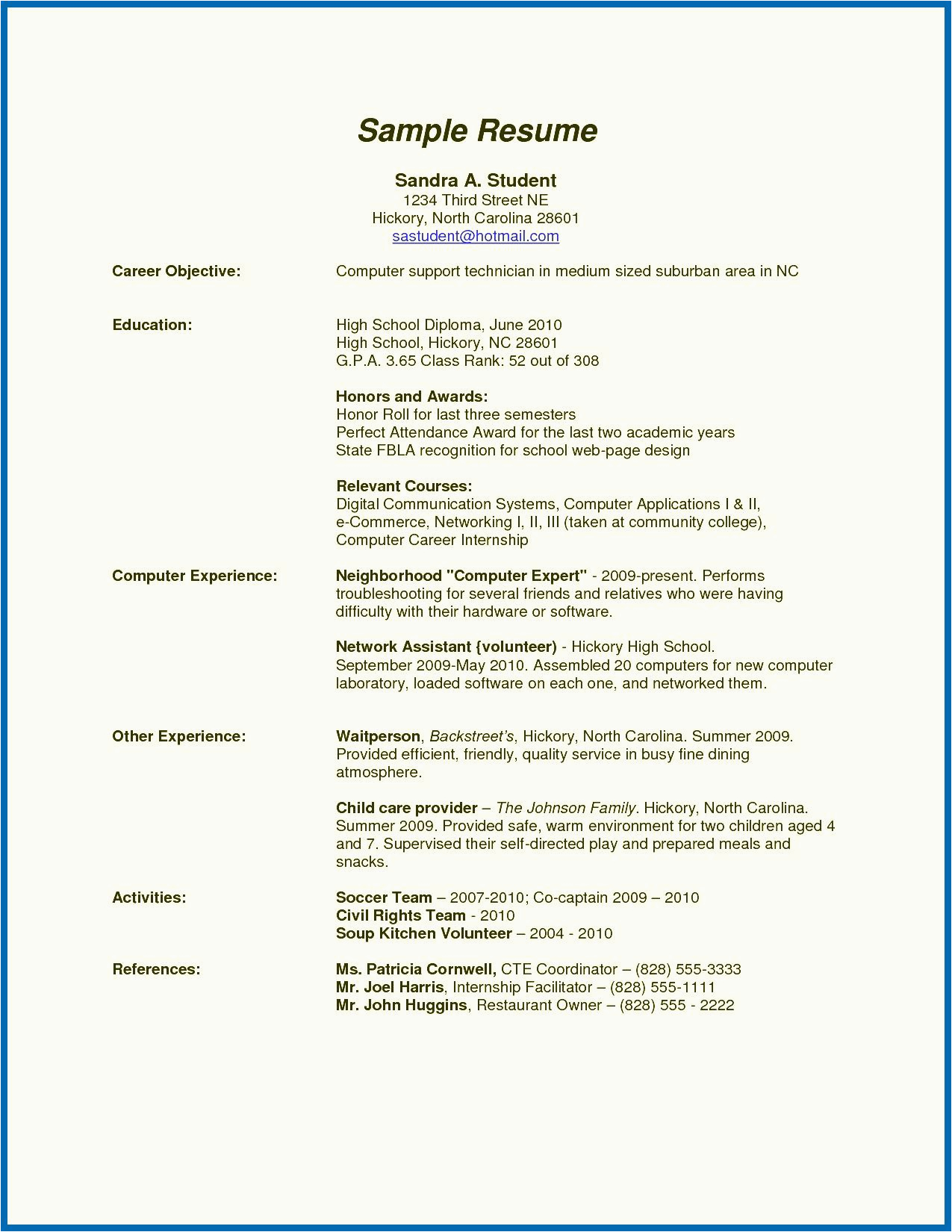 Sample Resume for High School Student Summer Job 11 12 High School Resume for Summer Job Aikenexplorer