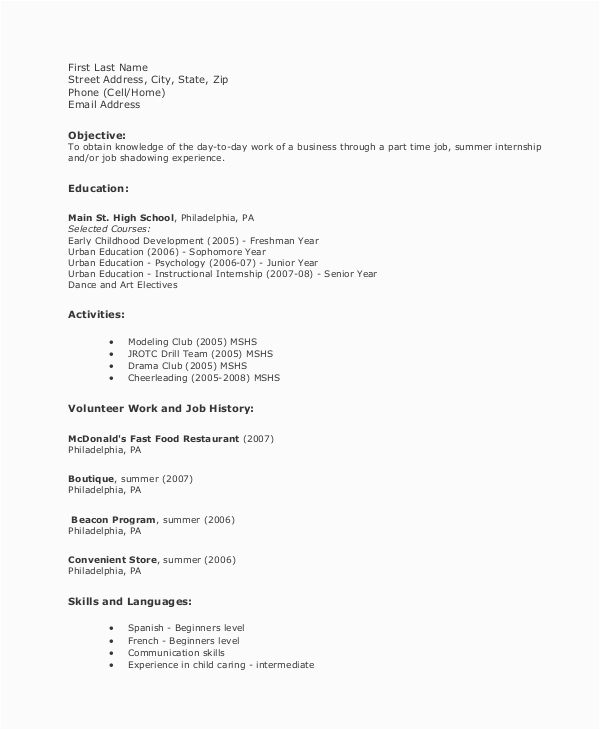 Sample Resume for High School Student Summer Job Free 8 Sample High School Resume Templates In Ms Word