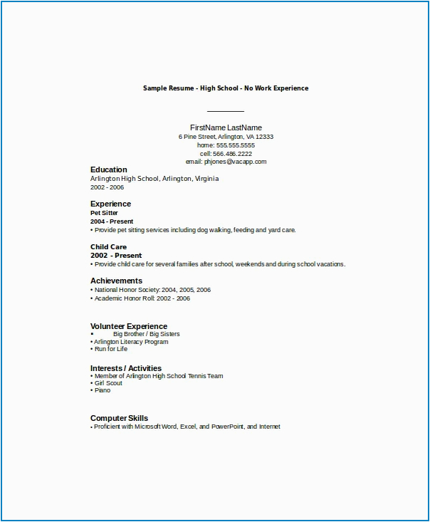 Sample Resume for High School Student with No Job Experience High School Student Resume Template No Experience