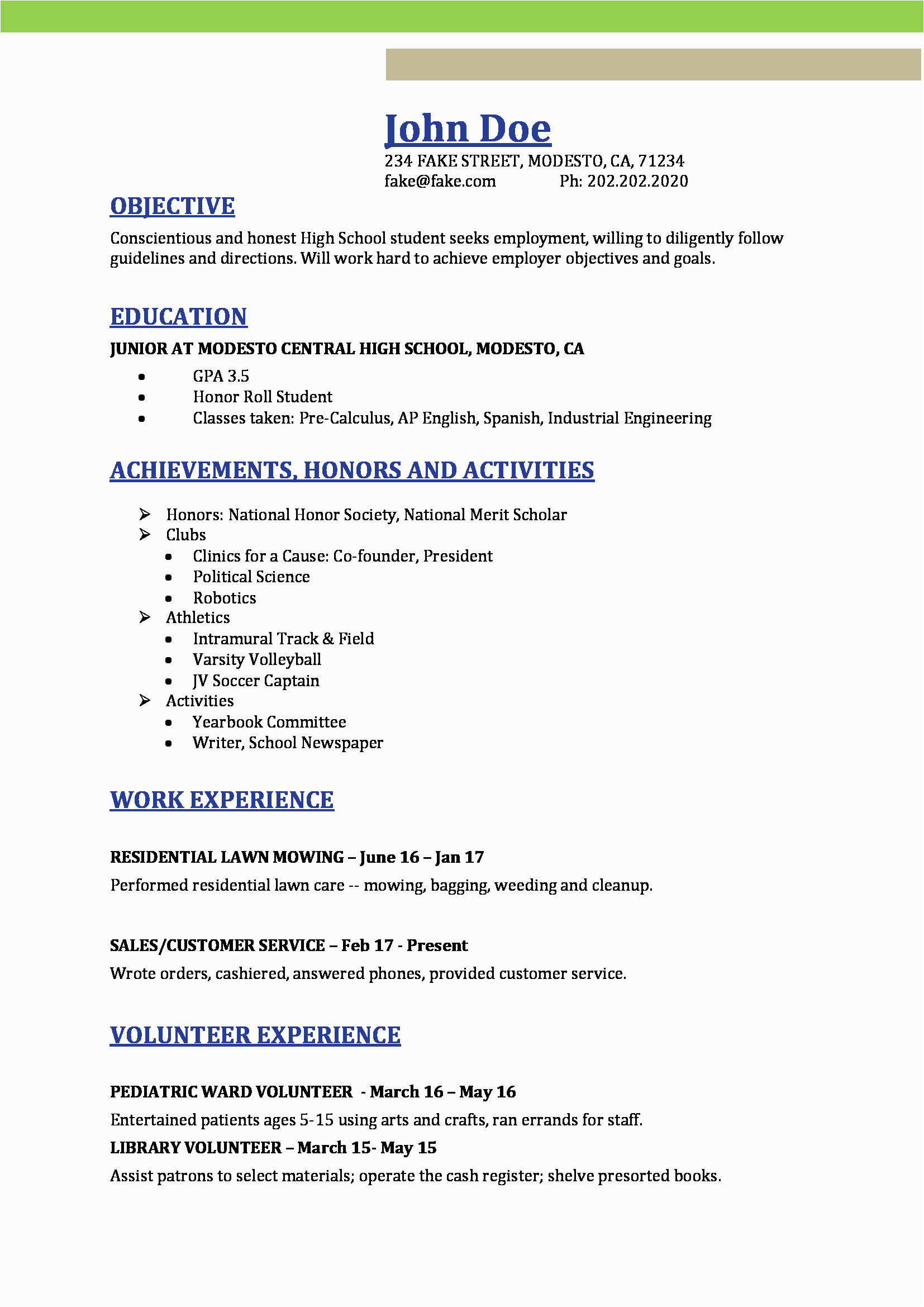 Sample Resume for Highschool Students with Volunteer Experience High School Resume Resume Templates for High School